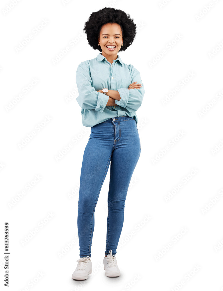 Fashion, crossed arms and portrait of black woman with smile on png ...