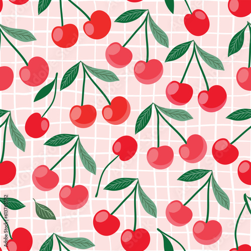 Seamless pattern with cute cherries, decorative summer wallpaper, ornamental modern fresh fruits background