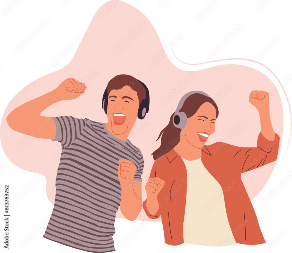 Happy Man & woman in earphones dancing and listening to music vector flat illustration. Smiling Male & female character having fun enjoying audio sound,