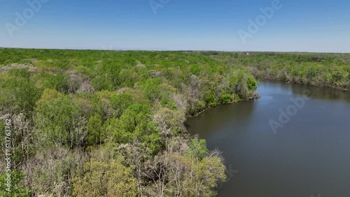 Aerial Chancellorsville Virginia lake campground fast. Rural community Spotsylvania County, Virginia, near Fredericksburg. American Civil War battleground. Summer recreation cabins and boats. photo