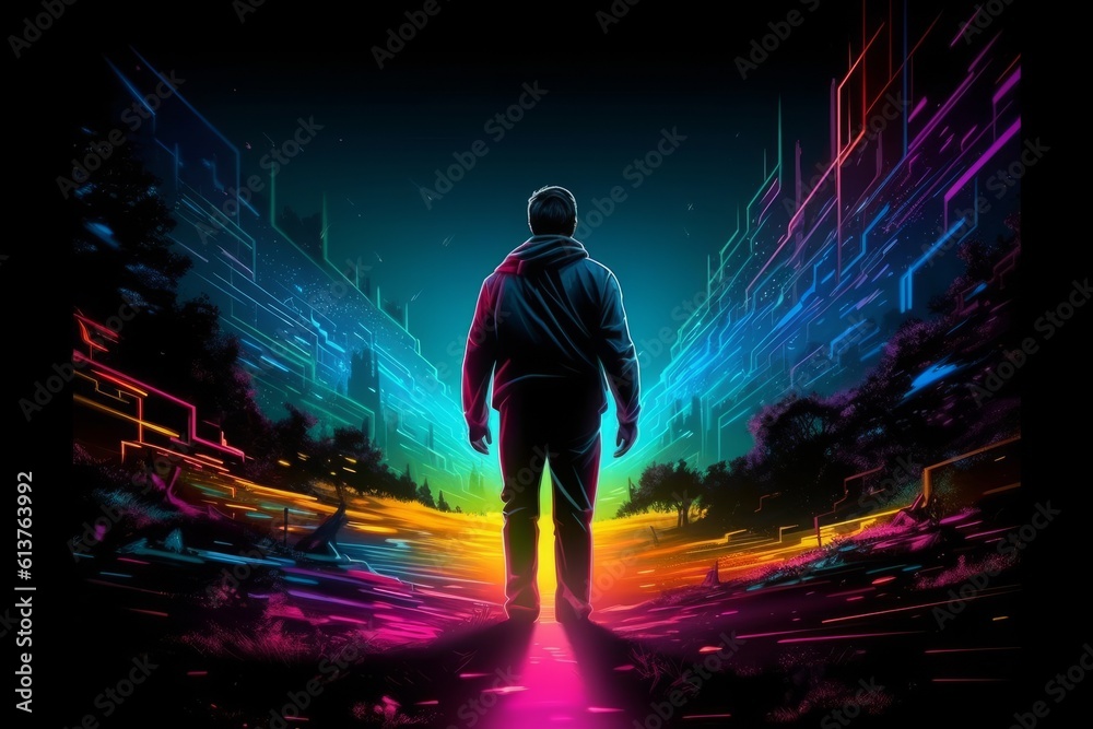 Man in hoodie standing on road with glowing lines and colorful background