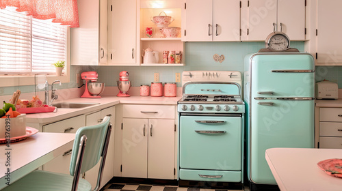 Vintage 1950s Kitchen with Pastel Appliances and Checkerboard Pattern , Real Estate Photography