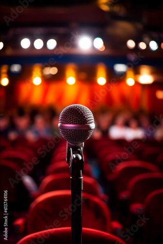Microphone in a conference hall or seminar room, focus on the foreground