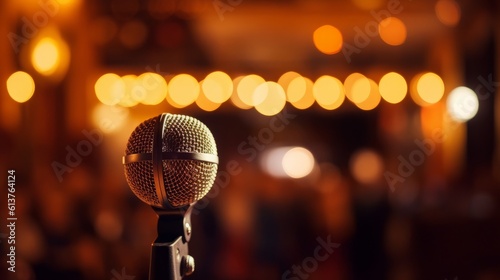 Microphone in concert hall or conference room with light bokeh background