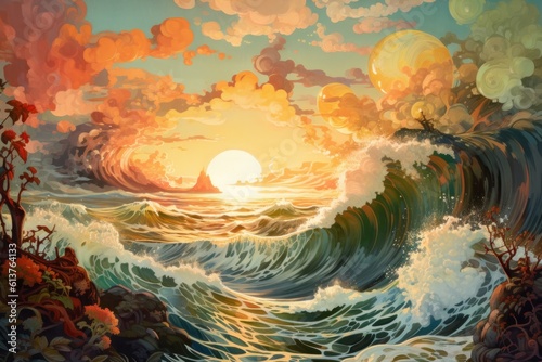 Illustration of a beautiful seascape at sunset. Digital painting.