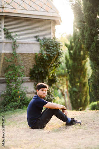 Portrait Asian man Blue clothes city street