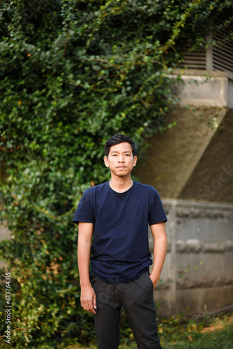 Portrait Asian man Blue clothes city street
