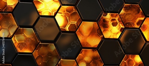 3d rendering of abstract futuristic background. Golden and black hexagons.