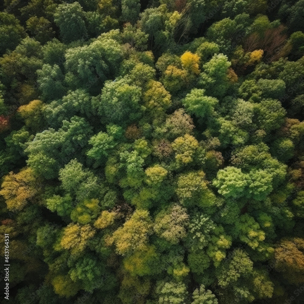 Aerial view of green trees in forest. Top view from drone