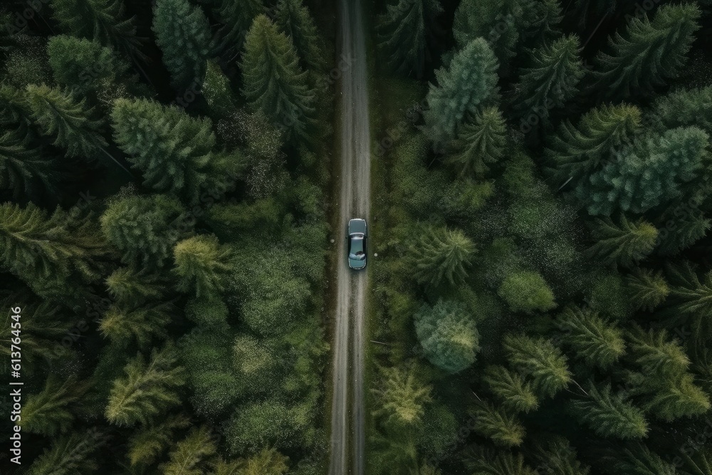 Aerial view of a car driving on the road in the forest
