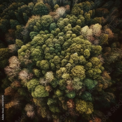 Aerial view of autumn forest. Top view of forest in autumn.