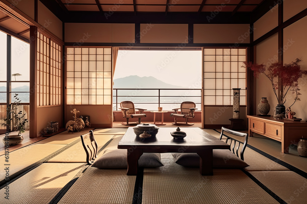 Traditional Japanese Living Room with Tatami Mats and Sliding Doors ...