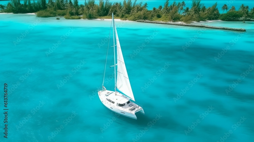 Obraz premium Aerial view of a sailboat sailing on turquoise sea