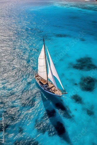 Aerial view of a sailboat in the turquoise ocean