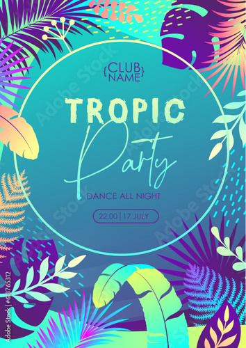 Colorful summer disco party poster with fluorescent tropic leaves. Summertime background. Vector illustration