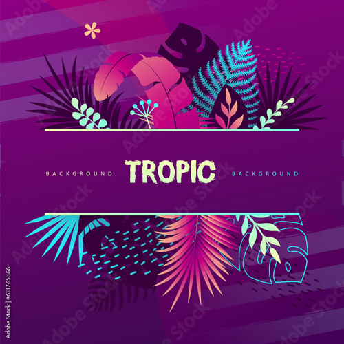 Colorful gradient summer background with fluorescent tropic leaves. Summertime template. Vector illustration