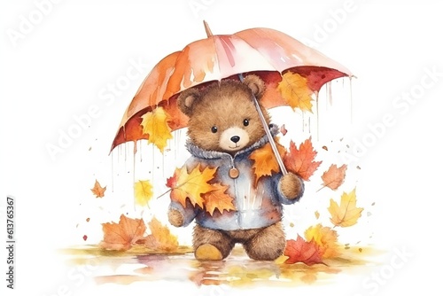 Obraz cute bear brings umbrella at garden with autumn leaves painted in watercolor on a white isolated background. Generative AI