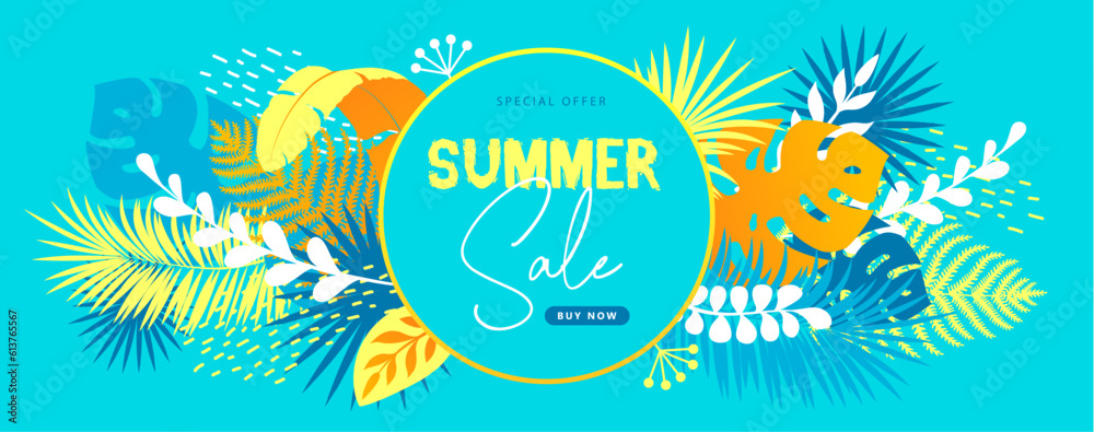 Colorful summer big sale tropical  banner with tropic leaves. Summertime background. Vector illustration