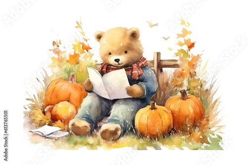 Obraz cute bear reads book at pumpkin garden painted in watercolor on a white isolated background. Generative AI