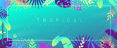 Colorful gradient summer background with fluorescent tropic leaves. Summertime template. Vector illustration