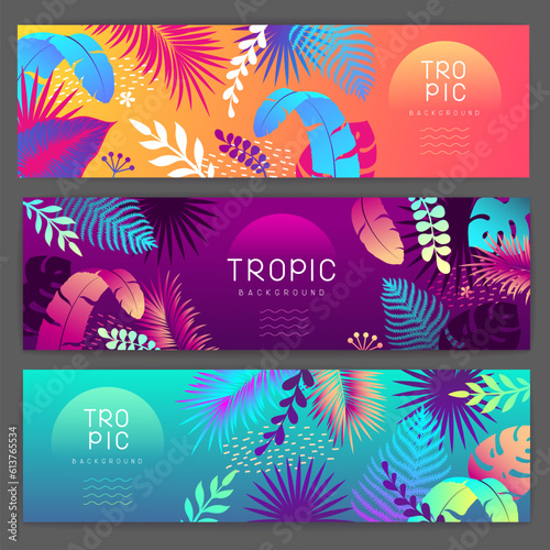 Set of colorful gradient summer banners with fluorescent tropic leaves. Summertime template collection. Vector illustration