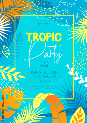 Colorful summer disco party poster with tropic leaves. Summertime background. Vector illustration