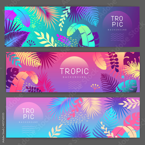 Set of colorful gradient summer banners with fluorescent tropic leaves. Summertime template collection. Vector illustration