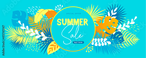 Colorful summer big sale tropical  banner with tropic leaves. Summertime background. Vector illustration