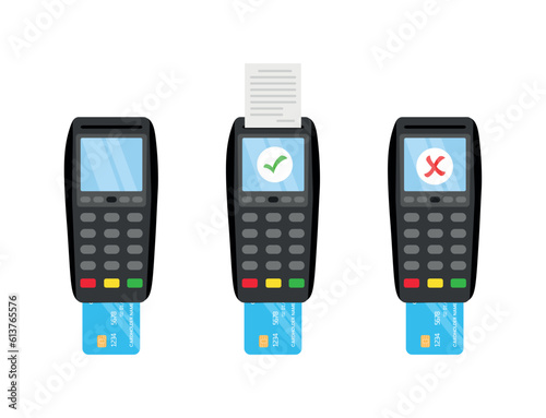 Concept of approved and refused credit card payment POS terminal. Payment using a credit card machine, approved and rejected payment. Credit card machine isolated on white background