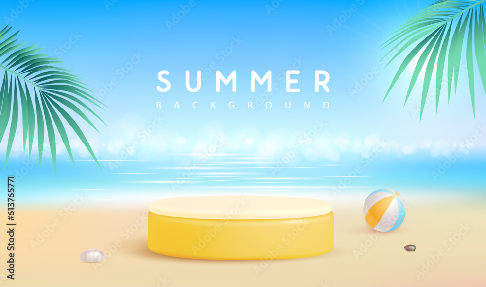 Summer beach background with 3d stage and palm trees. Colorful summer scene. Vector illustration