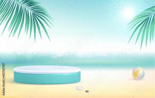 Fototapeta Naklejka Na Ścianę i Meble -  Summer beach background with 3d stage and palm trees. Colorful summer scene. Vector illustration