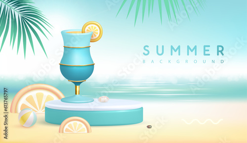 Summer beach background with 3d stage and cocktail blue lagoon. Colorful summer scene. Vector illustration