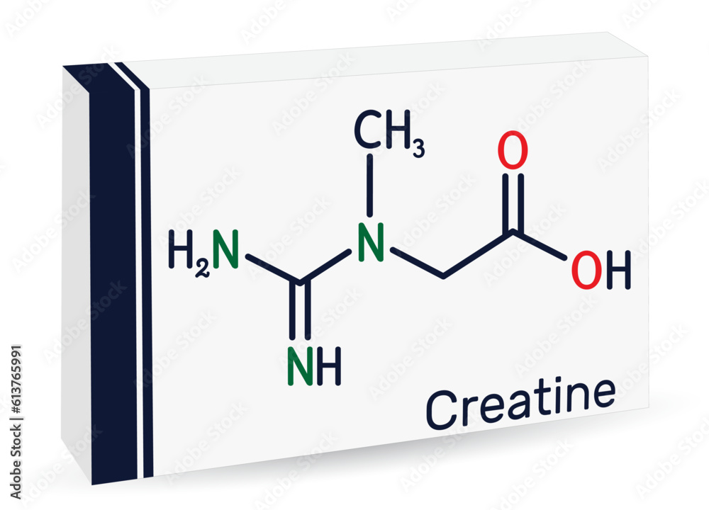 Creatine molecule, food supplements. Skeletal chemical formula. Paper packaging for drugs Creatine molecule, food supplements. Skeletal chemical formula. Paper packaging for drugs
