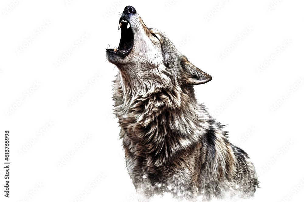 Fototapeta wolf howling at the moon isolated on white background. AI generated.