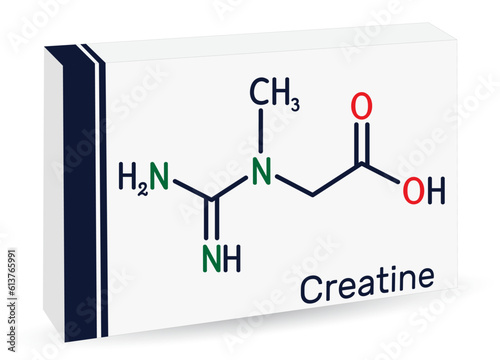 Creatine molecule, food supplements. Skeletal chemical formula. Paper packaging for drugs