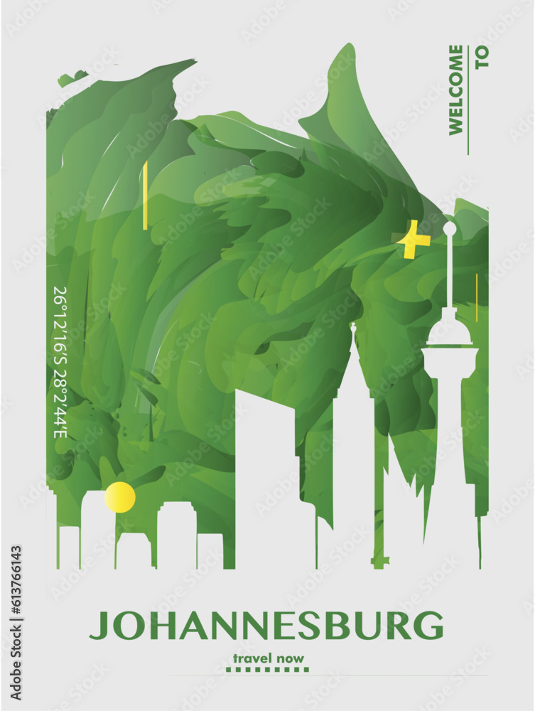 Fototapeta premium South Africa Johannesburg city abstract poster with skyline landscape and landmarks. Travel african vector modern illustration