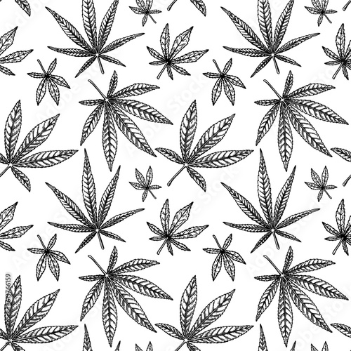 Marijuana leaves seamless pattern. Cannabis hand drawn vintage background. Vector illustration in sketch style. Weed engraving design