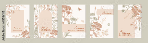 Hand drawn summer wildflowers design. Vector illustration in sketch style. Meadow flowers aesthetic background