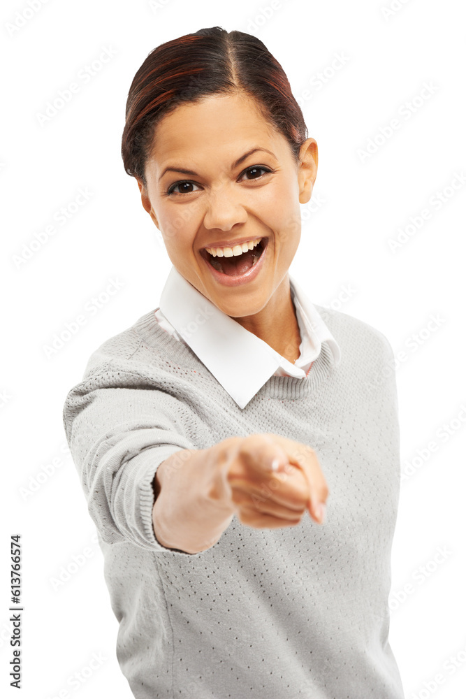 Recruitment, pointing and portrait of woman hiring, choosing you and excited person recruiting on transparent, isolated or png background. Choice, employee and success in interview or human resources Recruitment, pointing and portrait of woman hiring, choosing you and excited person recruiting on transparent, isolated or png background. Choice, employee and success in interview or human resources