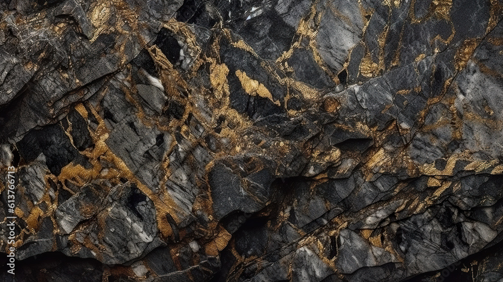 Polished dark grey granit or marble surface. Generative AI stone texture background with golden inclusions