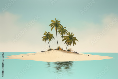 Simple tropical sandy island surrounded by the blue waters of the ocean. A beautiful bright blue summer sunny sky. Creative concept of summer. Generative AI 3d render illustration imitation.
