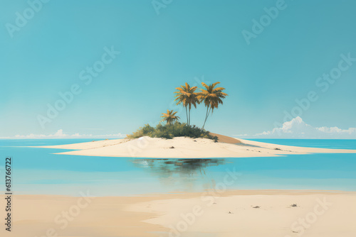 Small tropical sandy island surrounded by the blue waters of the ocean. A beautiful bright blue summer sunny sky. Creative concept of summer. Generative AI 3d render illustration imitation.