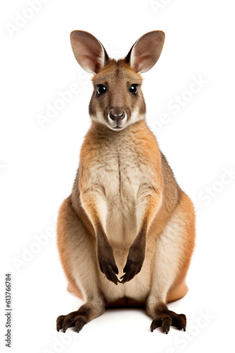 A close up of a kangaroo on a white background. Generative AI. Friendly vallaby.