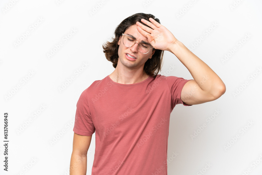 Young handsome man isolated on white background with tired and sick expression Young handsome man isolated on white background with tired and sick expression