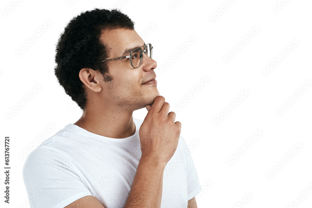 Man, thinking and startup business isolated on transparent png background in solution, vision or decision. Planning, design inspiration and young happy person for ideas, future goals or career choice Man, thinking and startup business isolated on transparent png background in solution, vision or decision. Planning, design inspiration and young happy person for ideas, future goals or career choice