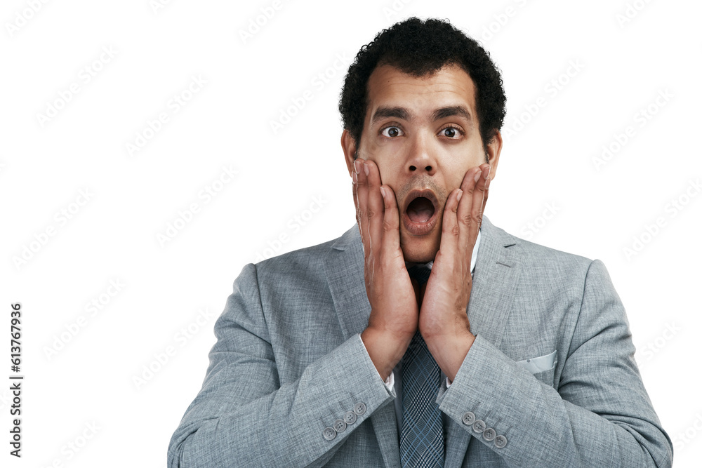 Surprise, stress and business man in portrait isolated on transparent, png background of news, mistake or crisis. Accident, emergency and shocked corporate person for career problem, risk or job fail Surprise, stress and business man in portrait isolated on transparent, png background of news, mistake or crisis. Accident, emergency and shocked corporate person for career problem, risk or job fail