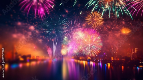 Colorful firework with bokeh background. New Year celebration Generative AI