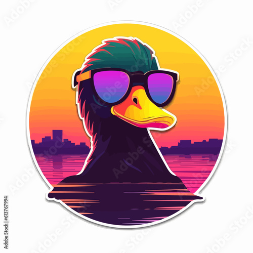80s duck with sunglasses - diecut sticker design - flat vector art
