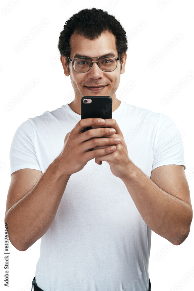 Portrait, man and using mobile phone with glasses in png or isolated and transparent background. Online, communication and male person with smart phone for messages on internet or app with tech.