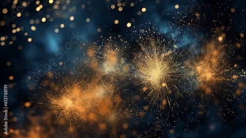 abstract gold, black and blue glitter background with fireworks. christmas eve, 4th of july holiday concept Generative AI © Suleyman
